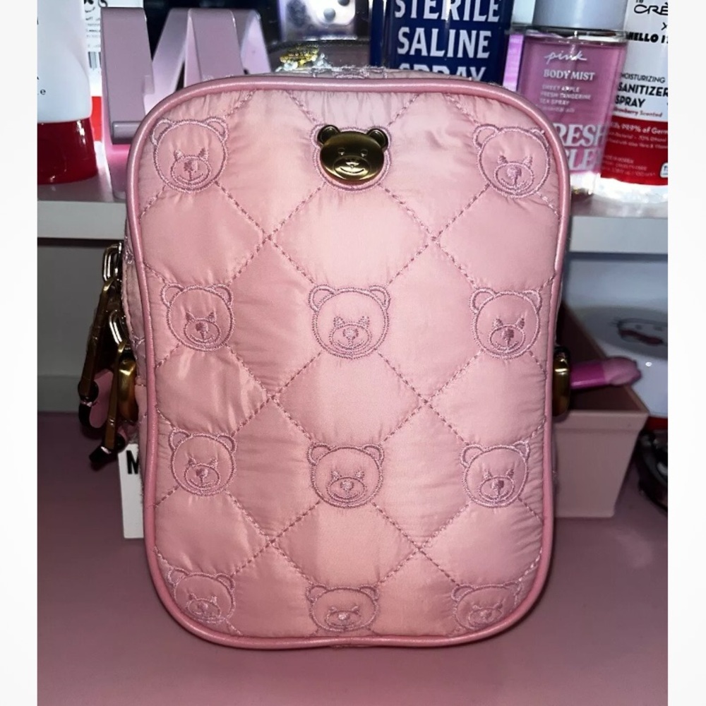 AW19 Moschino Couture J. Scott Pink Quilted Teddy Bear Rectangular Shoulder Bag